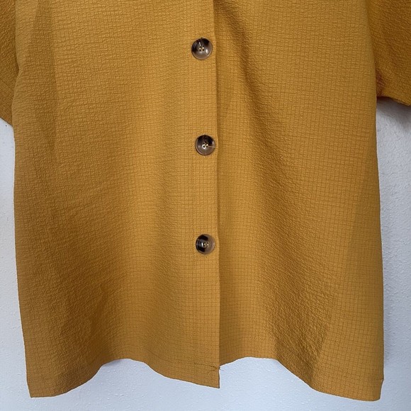 Yellow V Neck Button Up Shirt Short Sleeve Blouse Top Mustard Size Small Women's - Picture 3 of 6